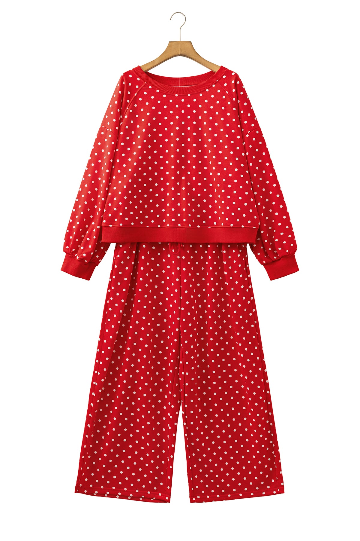 Brown Polka Dot Round Neck Long Sleeve Plus Size Set