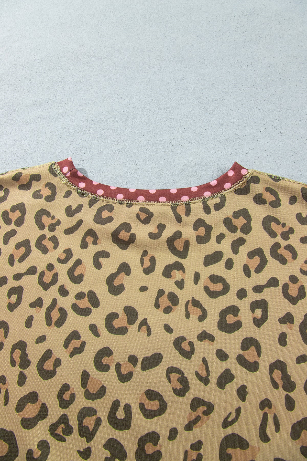 Khaki Plus Size Leopard Print Contrast Polka Dot Trim Long Sleeve Top