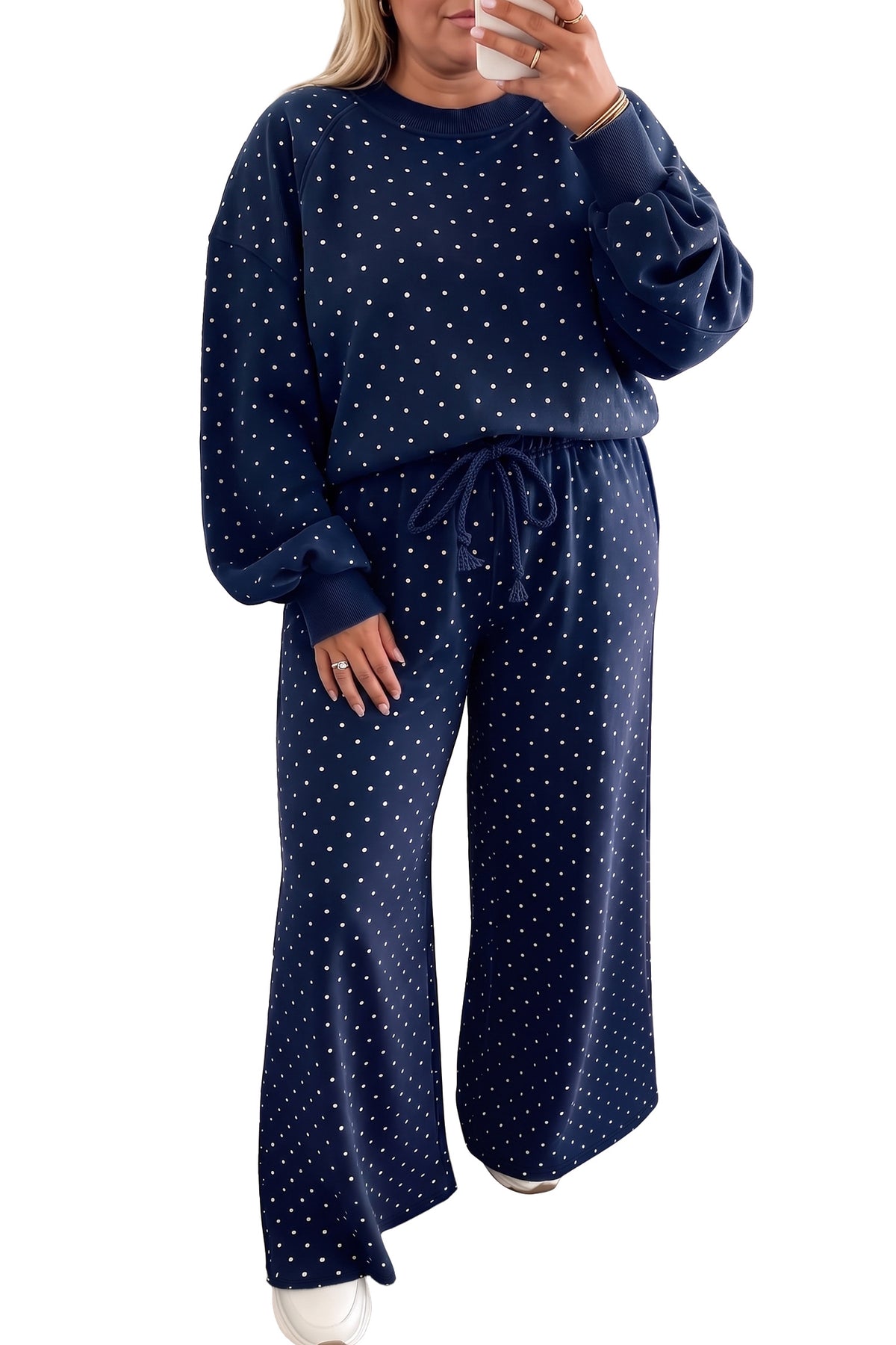 Brown Polka Dot Round Neck Long Sleeve Plus Size Set