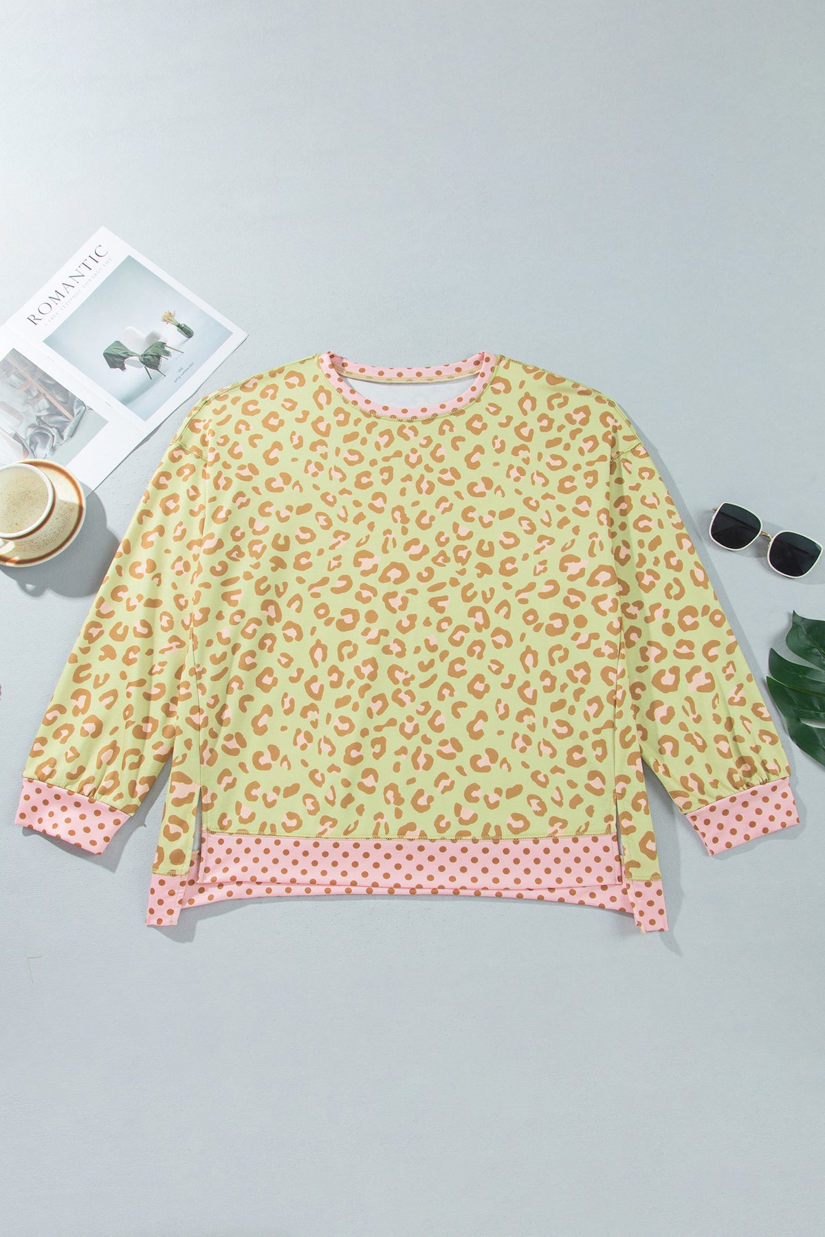 Khaki Plus Size Leopard Print Contrast Polka Dot Trim Long Sleeve Top