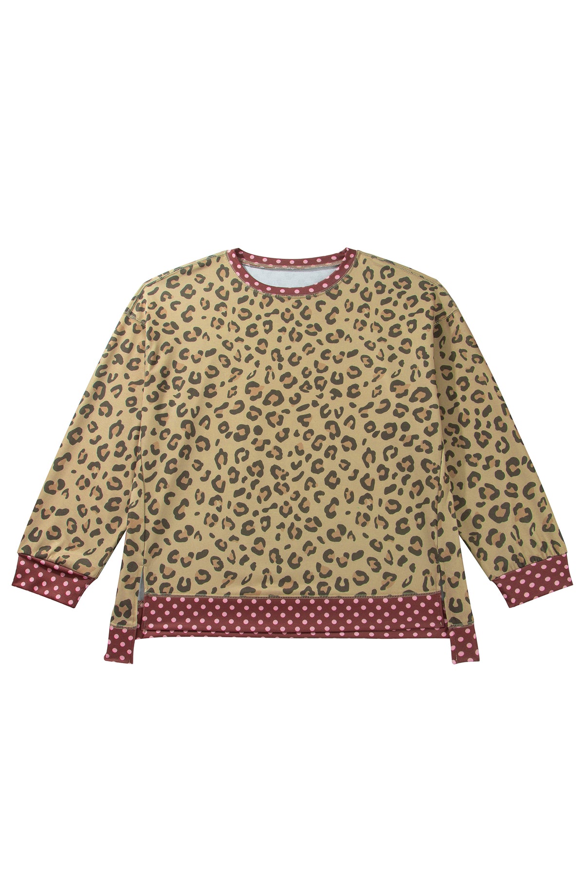 Khaki Plus Size Leopard Print Contrast Polka Dot Trim Long Sleeve Top