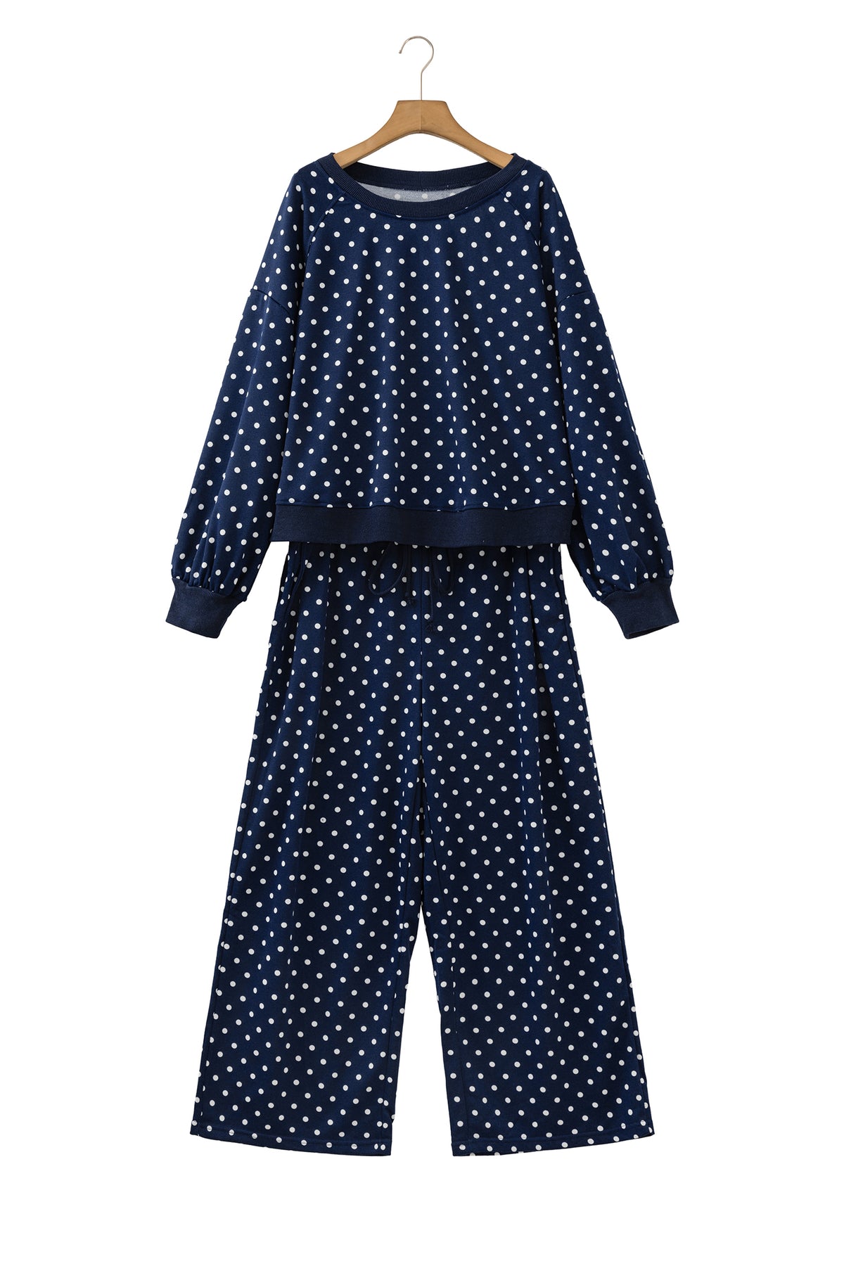 Brown Polka Dot Round Neck Long Sleeve Plus Size Set