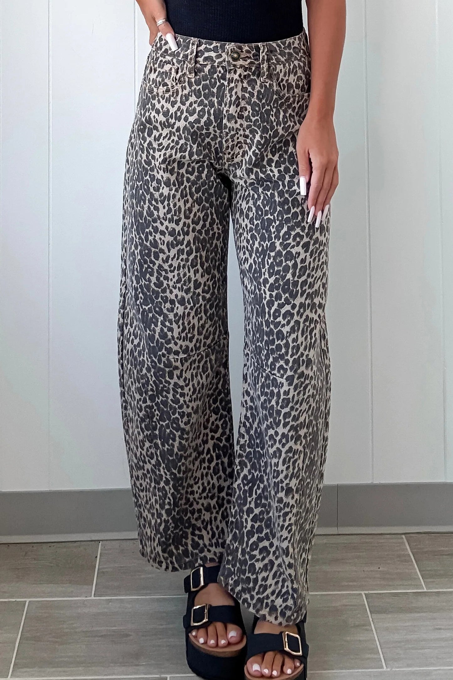 Black Leopard Print High Waist Barrel Jeans