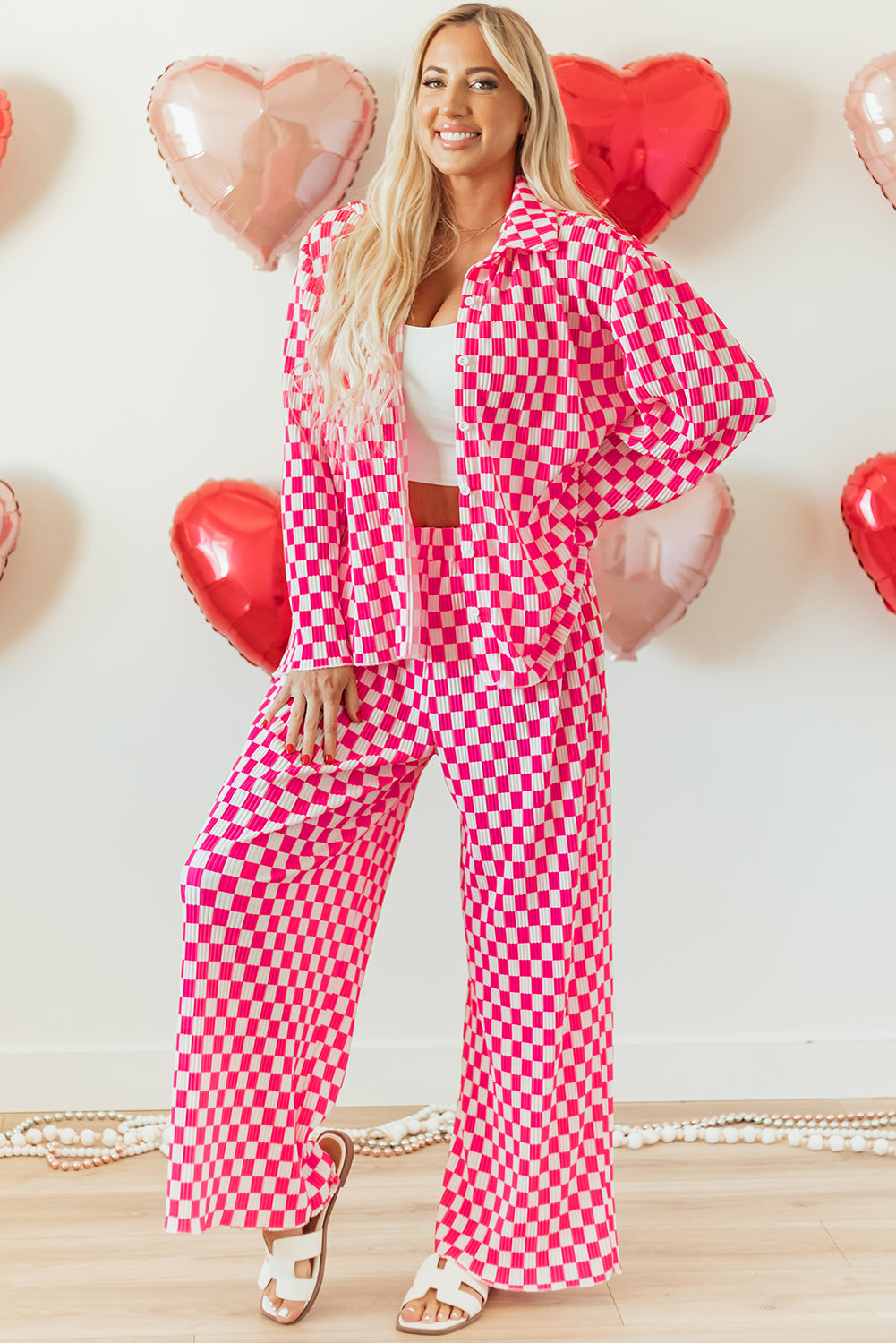 Pink Checkered  Shirt and High Waist Pants Pajama Set