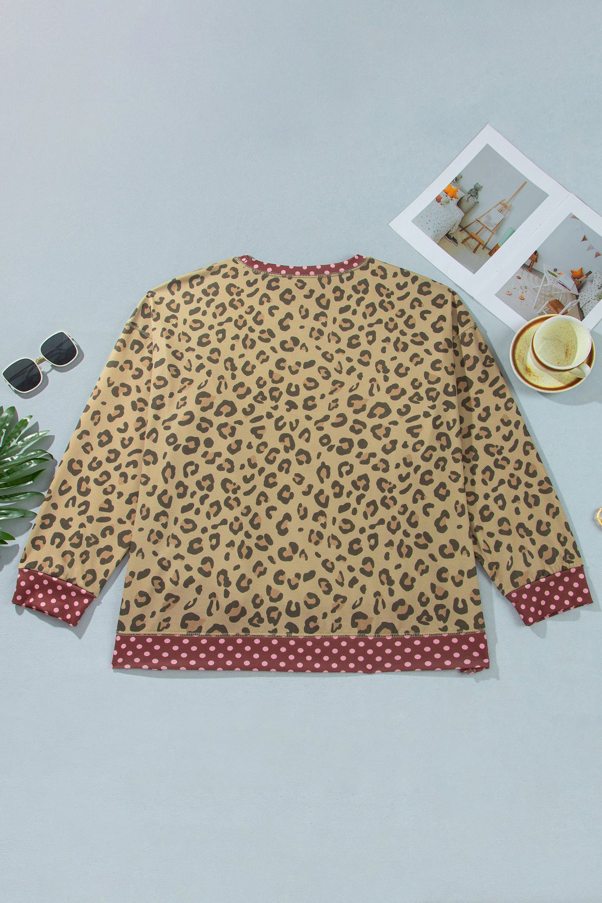 Khaki Plus Size Leopard Print Contrast Polka Dot Trim Long Sleeve Top