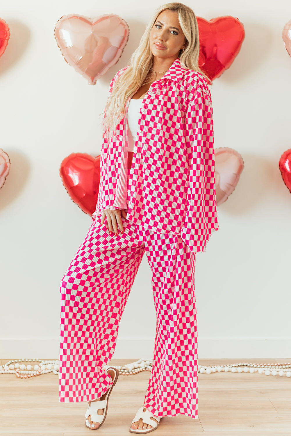 Pink Checkered  Shirt and High Waist Pants Pajama Set