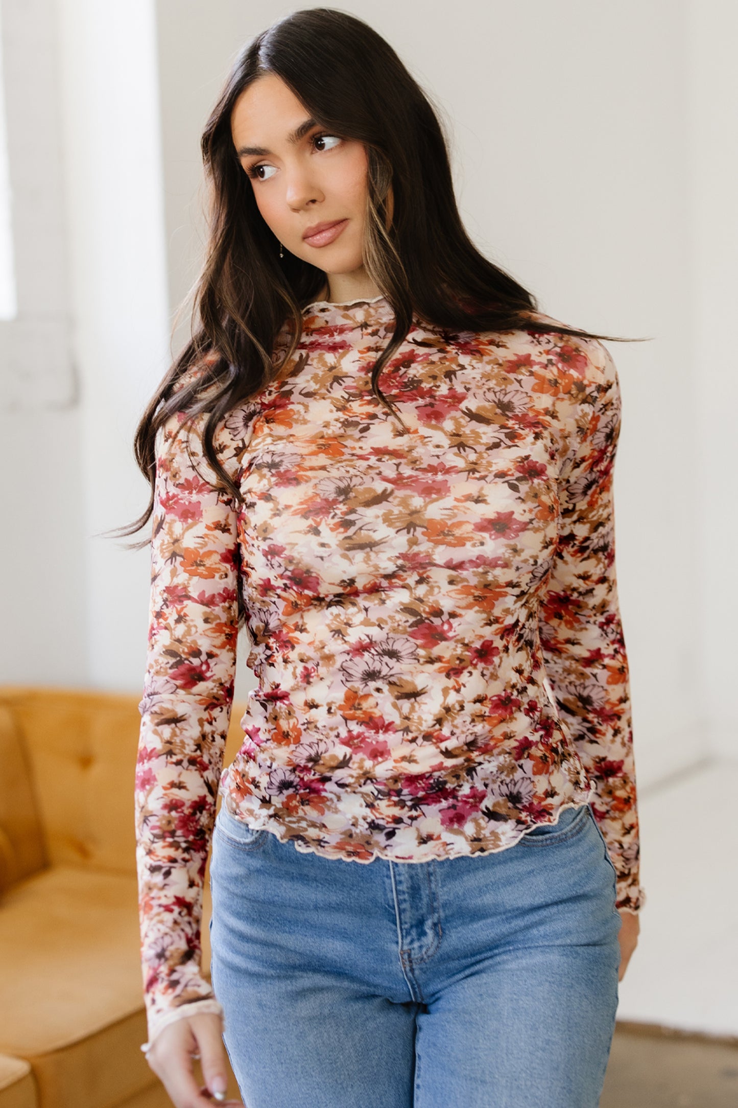 Lettuce Trim Floral Print Mesh Long Sleeve Top