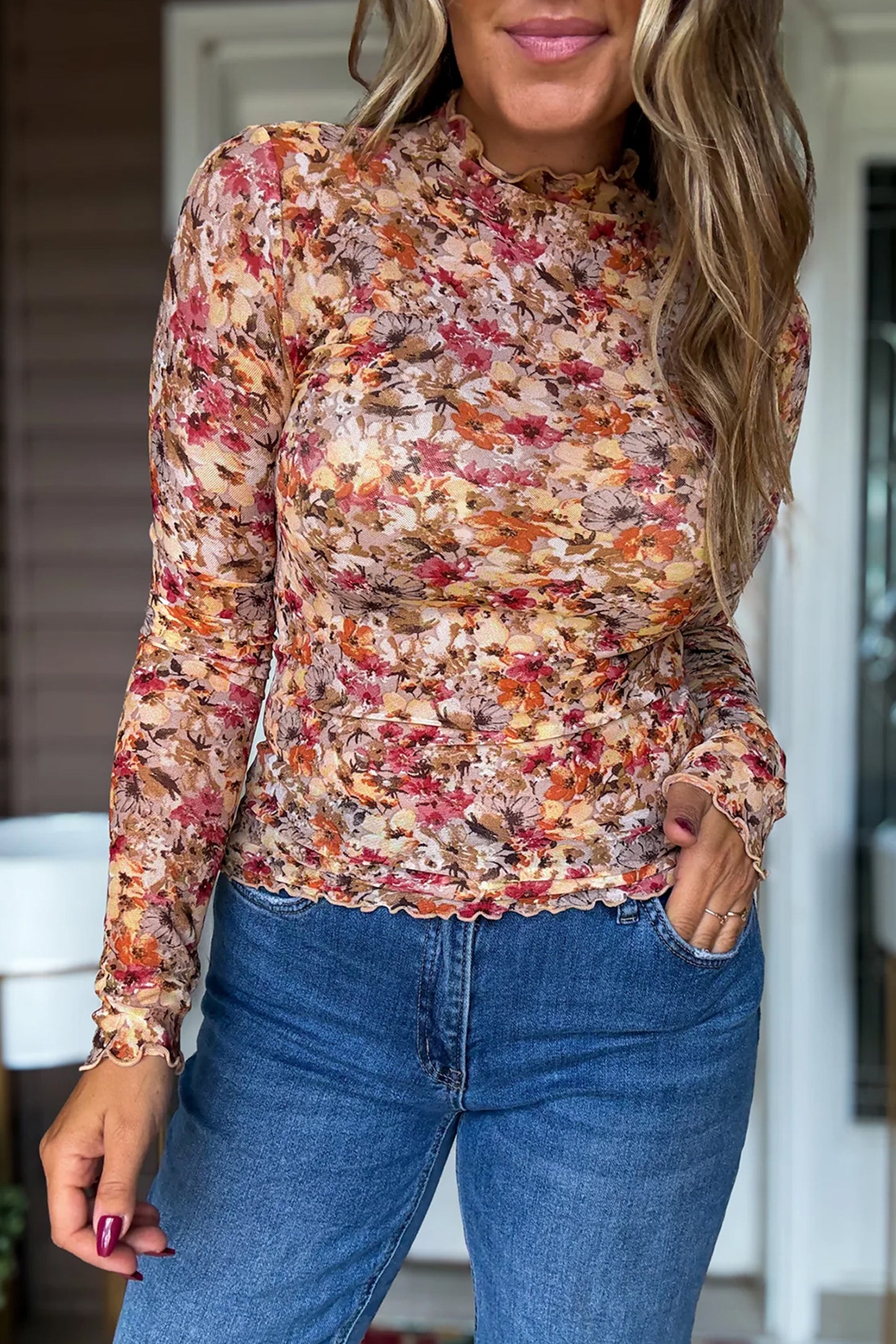 Lettuce Trim Floral Print Mesh Long Sleeve Top
