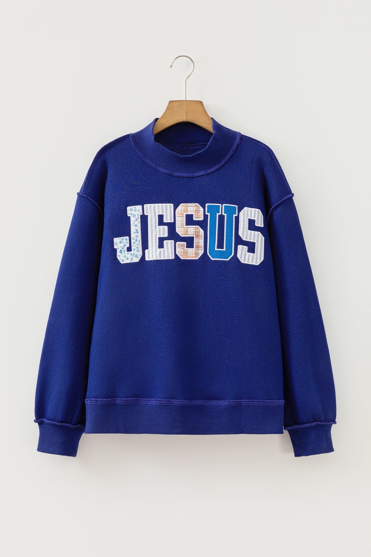 Gray WWJD Mixed Pattern Embroidered Patch Graphic Mock Neck Sweatshirt