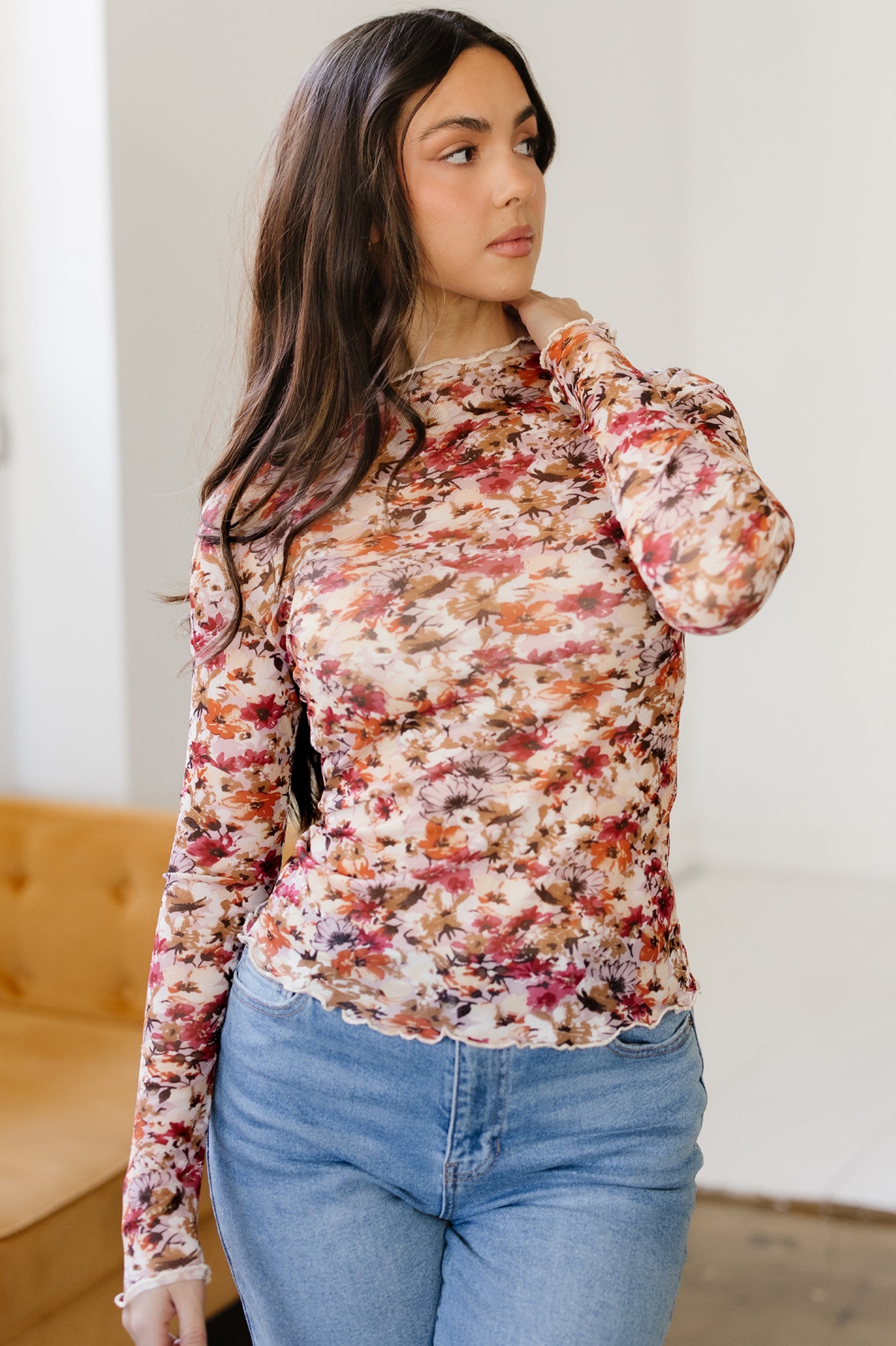 Lettuce Trim Floral Print Mesh Long Sleeve Top