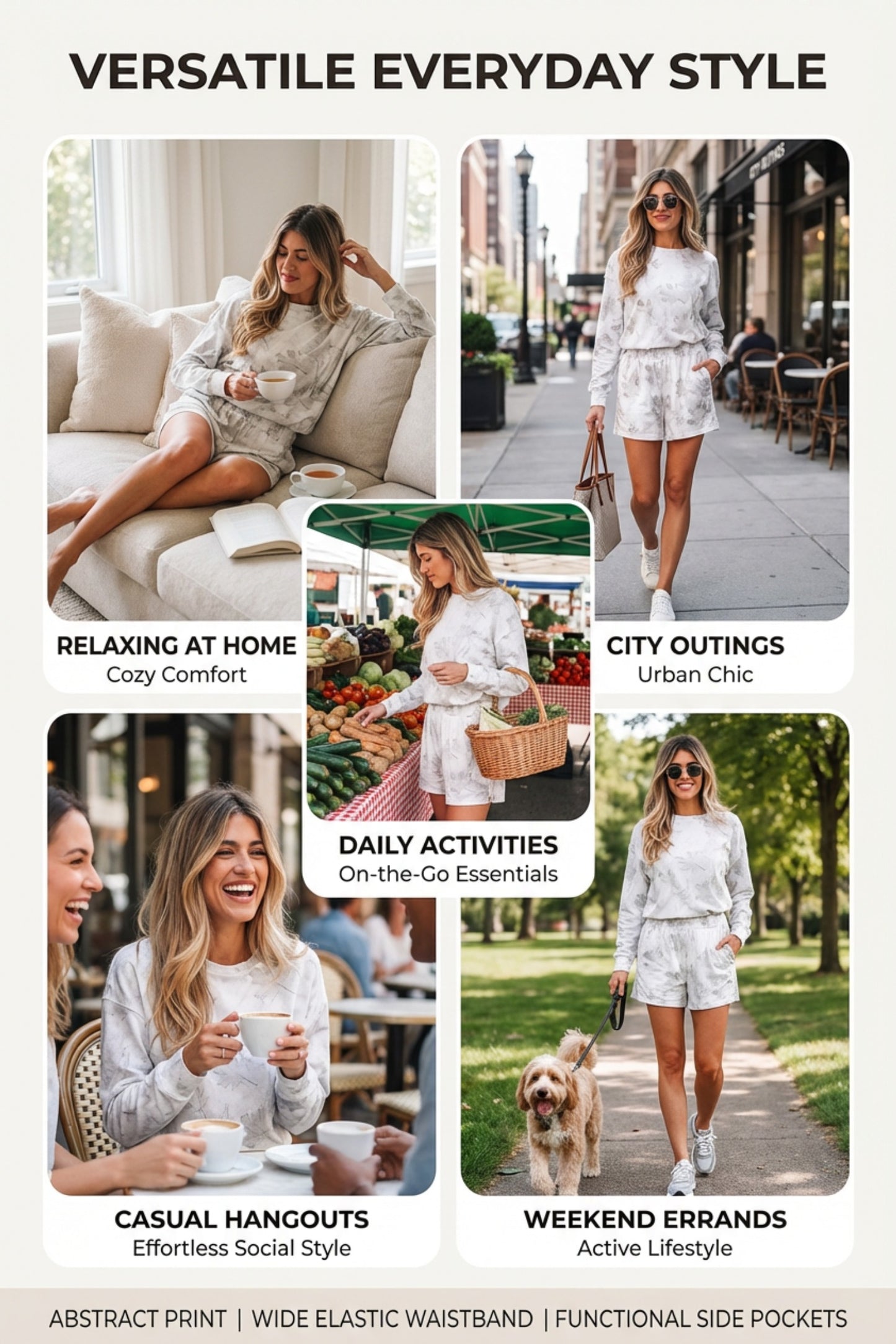 Beige Maple Camo Print Pullover Top and Elastic Waist Casual Short Set