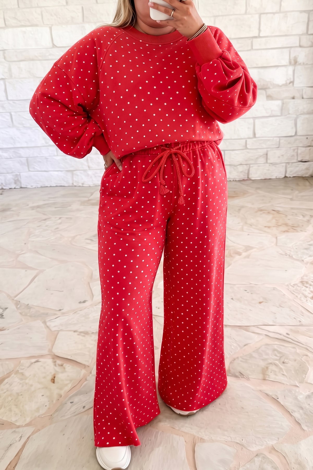 Brown Polka Dot Round Neck Long Sleeve Plus Size Set