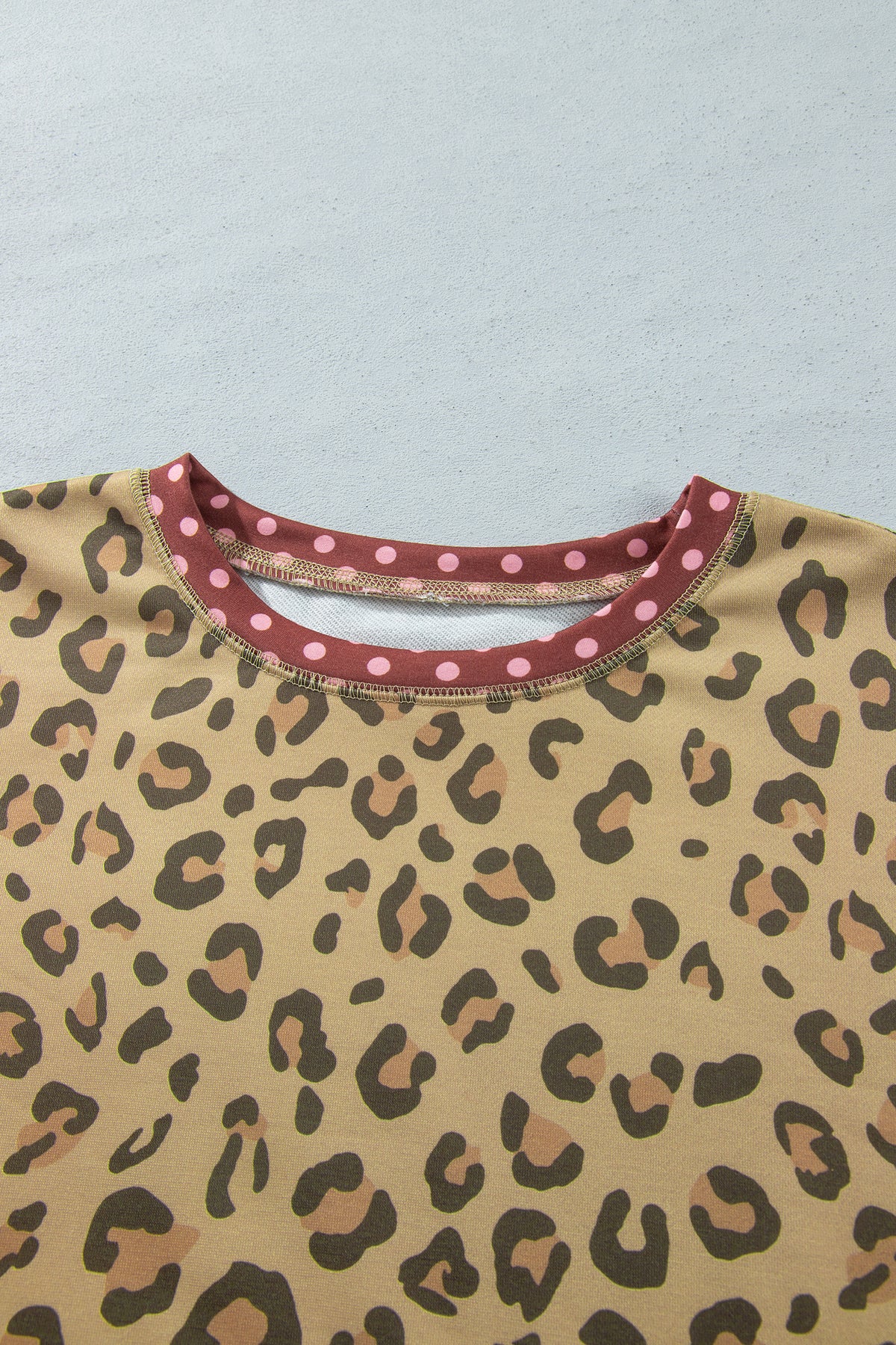 Khaki Plus Size Leopard Print Contrast Polka Dot Trim Long Sleeve Top