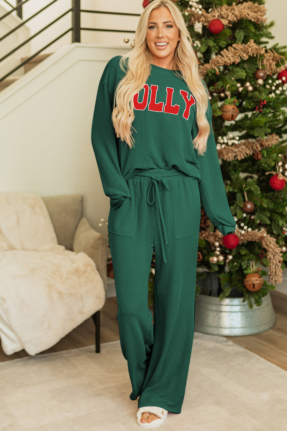 Evergreen JOLLY Corded Long Sleeve Top and Pockets Pants Set