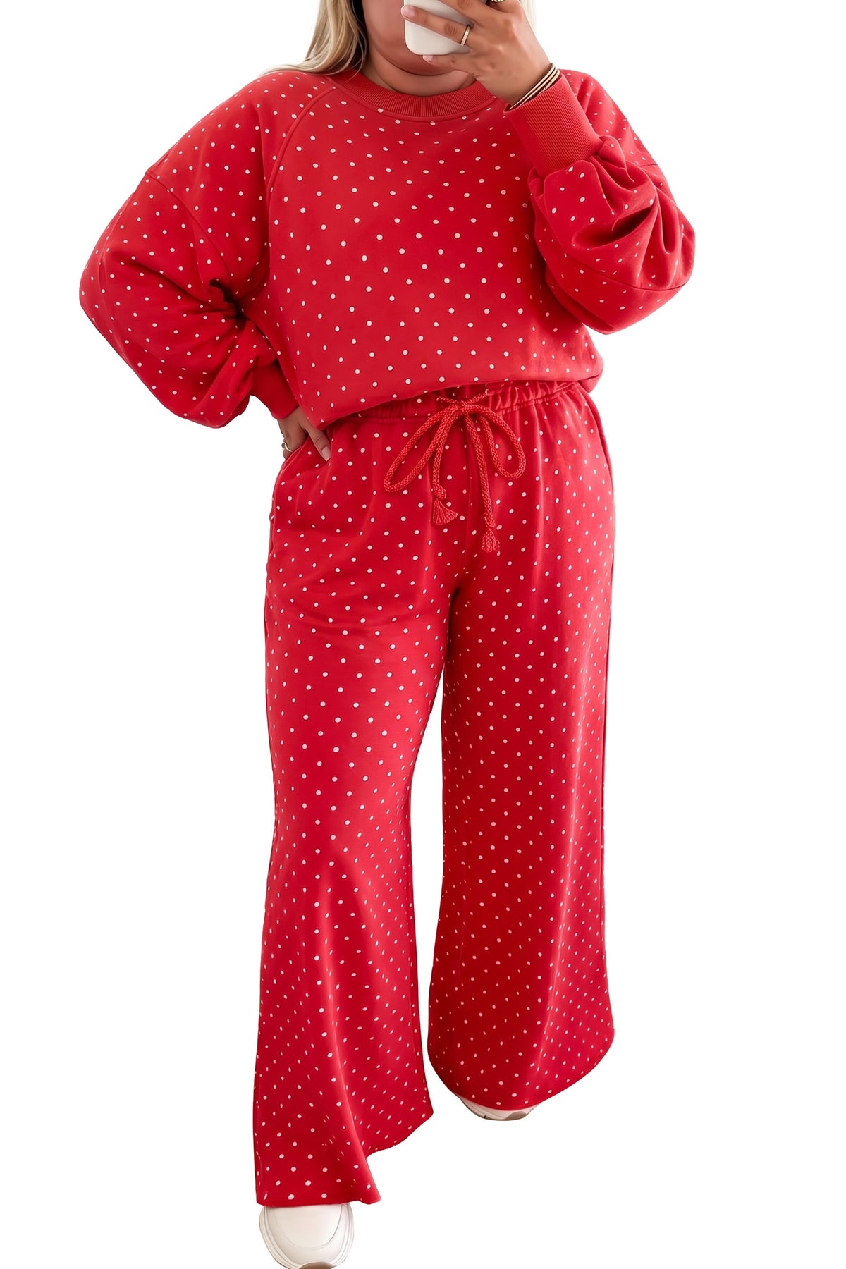 Brown Polka Dot Round Neck Long Sleeve Plus Size Set