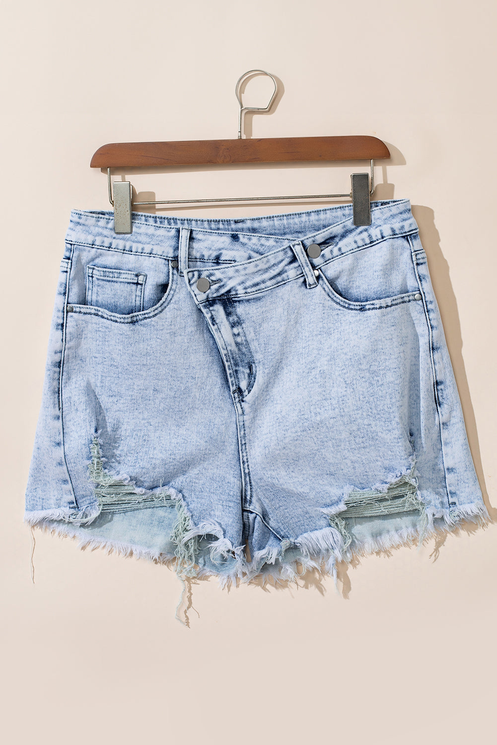 Acid Wash Crossed Raw Edge Denim Shorts