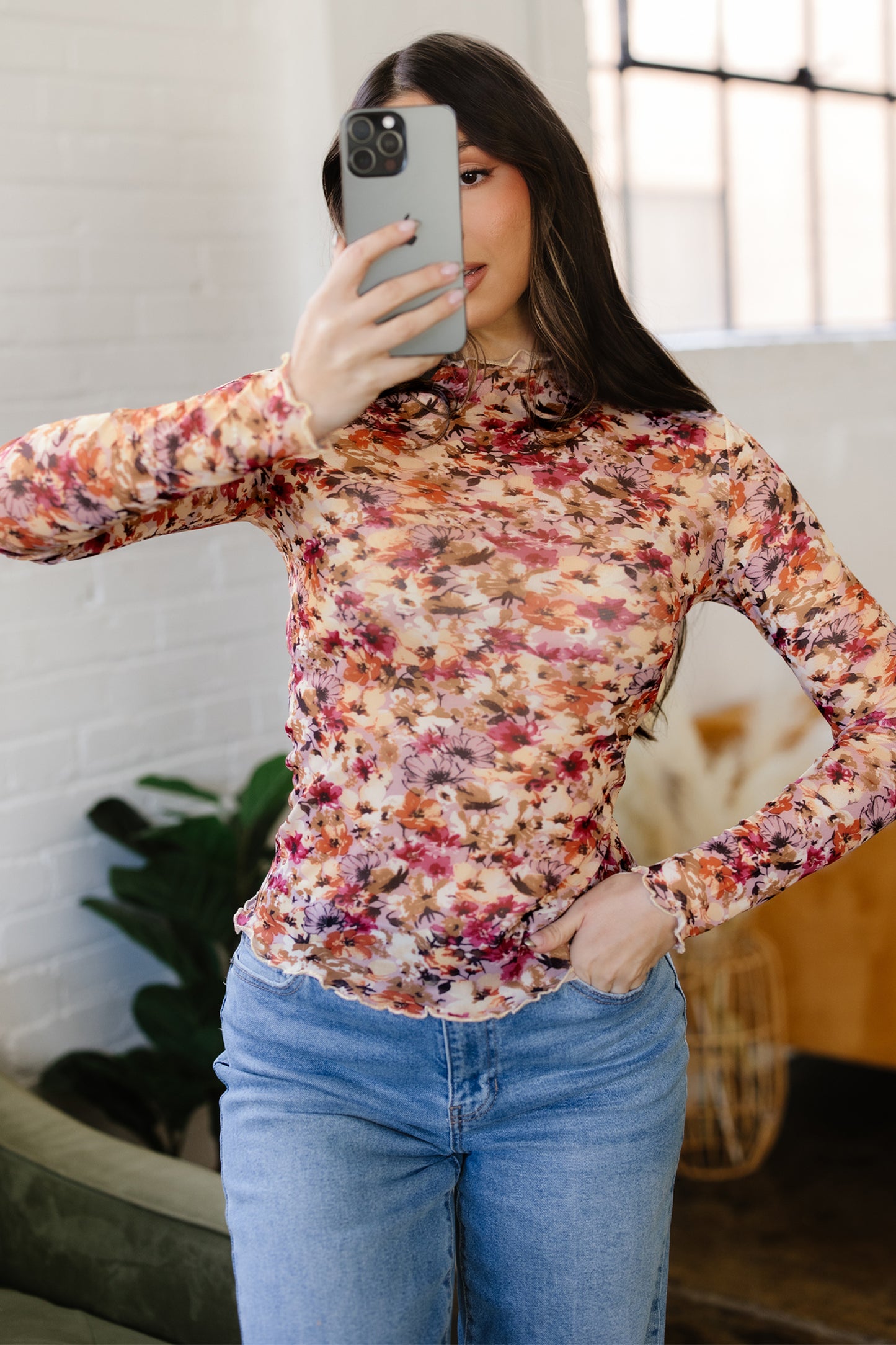 Lettuce Trim Floral Print Mesh Long Sleeve Top